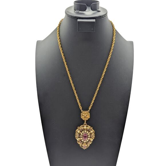 VTG 60's Gold Tone Faux Pearl Amethyst Color Rhinestone Pendant 22" Necklace - Picture 6 of 6